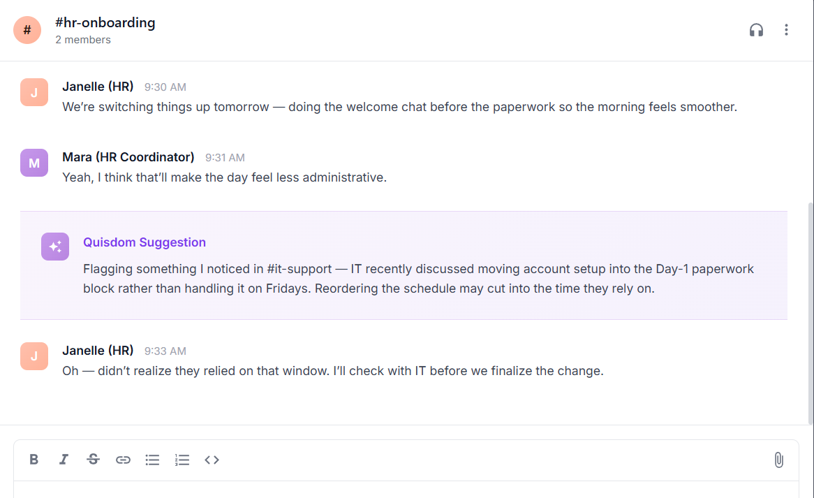 Quisdom AI detecting cross-department information gaps in team communications